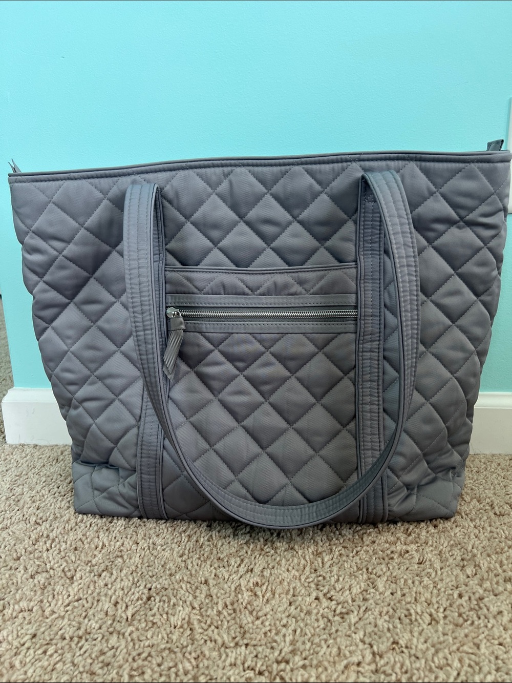 Vera Bradley Quilted Gray Tote with Front Zip Pocket